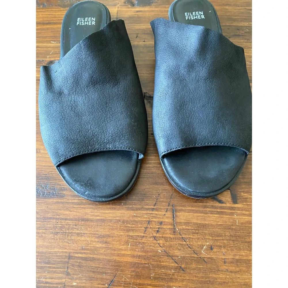 Eileen Fisher Black Leather Asymmetrical Slide Sandals Open Toe Flat 9.5 Italy